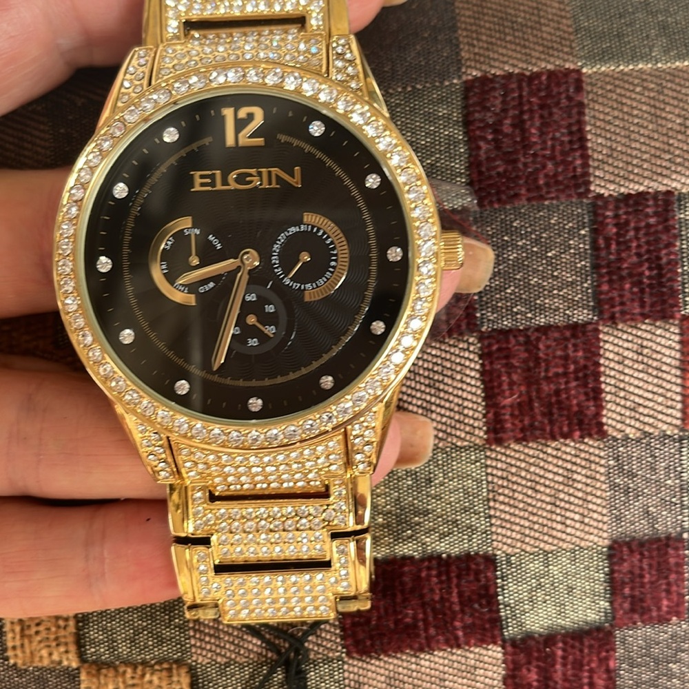 Elgin Gold and Black Watch with Crystal Accents